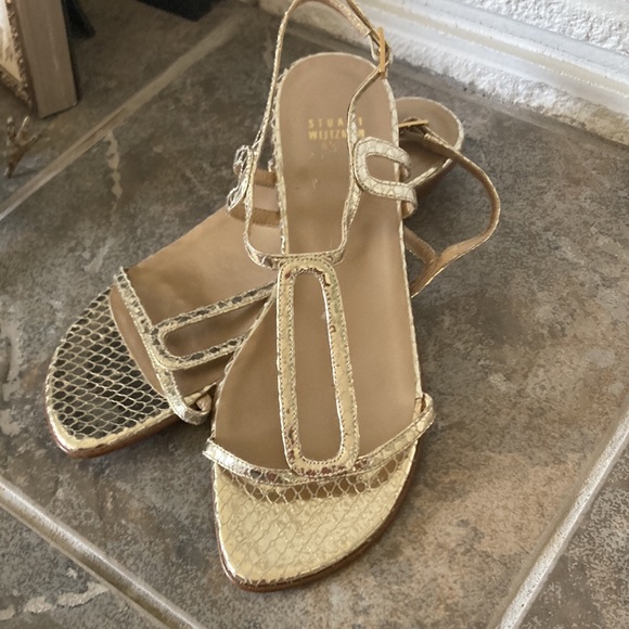 Stuart Weitzman Shoes - NWOT Stuart Weitzman Gold Snake Print Leather Low Sandals 8.5